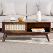 onija Solid Wood Jasper Coffee Table with Storage, Accent Rattan Design, Good Choice for Living Room