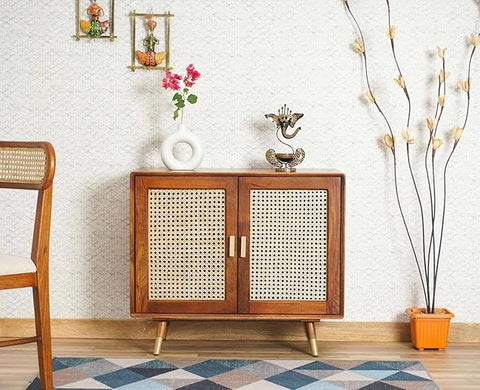 ONIJA  Wooden Sideboard Cabinet for Living Room, Drawing Room, Office & Lounge | 2-Door Cabinet Storage with Rattan Cane Detailing |