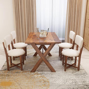 6 Seater Wooden Dining Table Set with Upholstered Chairs