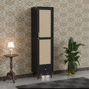 onija Wooden Storage Cabinet with Cane Doors & Drawer | Tall Solid Wood Wardrobe Cabinet with Shelves | Modern Slim Storage Unit for Bedroom, Living Room & Entryway