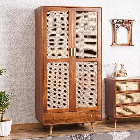 ONIJA Solid Sheesham Wood Rattan Cane Wardrobe | 2-Door Almirah with 3 Drawers, 6 Storage Shelves, 1 Hanging Rod Space | Wooden Cupboard, Bedroom Closet and Dresser | Honey Finish