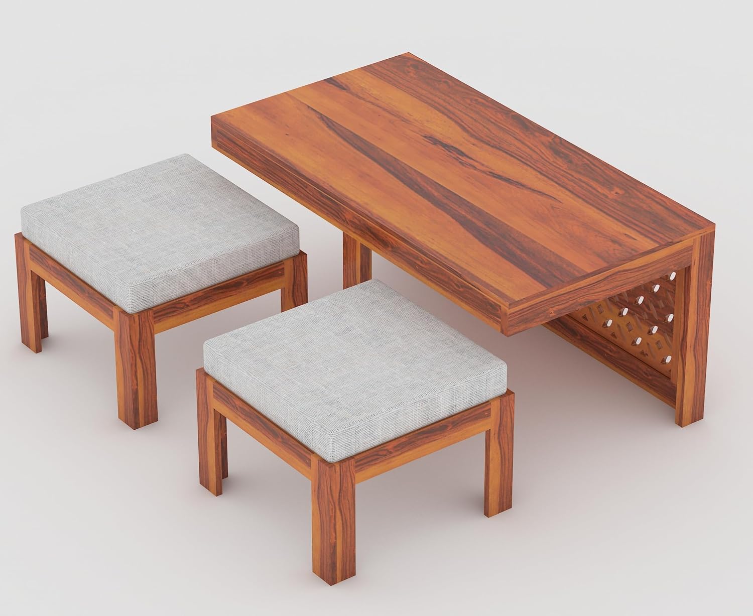 ONIJA Sheesham Wood Center Coffee Table with 2 Stools