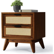 onija Jasper Deluxe Solid Wood Rattan Nightstand Fully Assembled-Mid Century Modern Side Table with 2 Drawers