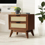 onija Jasper Deluxe Solid Wood Rattan Nightstand Fully Assembled-Mid Century Modern Side Table with 2 Drawers