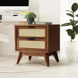 Onija Wooden Bedside Table with Rattan Drawers & Solid Legs