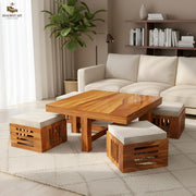 onija Solid Sheesham Wood Coffee Table  with 4 Cushioned Stools