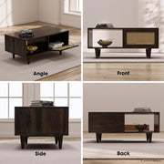 Solid Wood Cane Door Coffee Table with Open Storage Shelf