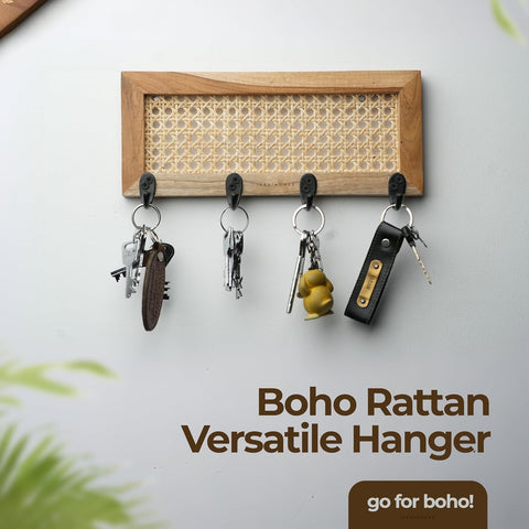 ONIJA Homes Wall Mounted Key Holder with Rattan Cane Design I Premium Teak Wood & Indonesian Natural Cane Webbing I Boho Style with 4 Metal Hooks I Size 12 in x 5 in