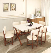 6 Seater Dining Table Set with Wooden X-Leg Chairs