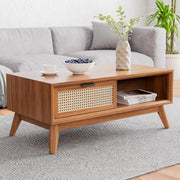 onija Solid Wood Jasper Coffee Table with Storage, Accent Rattan Design, Good Choice for Living Room