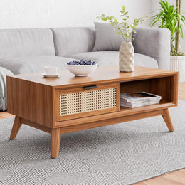 Onija Wooden Coffee Table with Rattan Drawer & Open Shelf