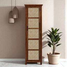 Solid Wood Cane Door Storage Cabinet | Slim Rattan Pantry Cabinet