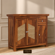ONIJA Sheesham Wood Kitchen Storage Cabinet with Cane Doors & Drawer