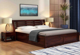 Vraxen Sheesham Wood Queen Size Bed With Storage (Walnut Finish)