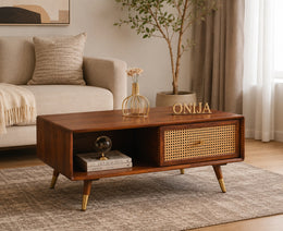 Onija Wooden Coffee Table with Rattan Drawer & Open Storage