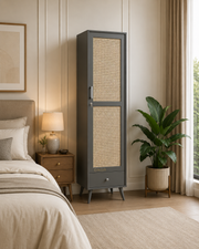 onija Wooden Storage Cabinet with Cane Doors & Drawer | Tall Solid Wood Wardrobe Cabinet with Shelves | Modern Slim Storage Unit for Bedroom, Living Room & Entryway