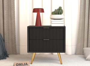 ONIJA Wooden Bedside Table for Bedroom | Wooden Bed Side Nightstand Lamp Table with 2 Drawers (B-Black)
