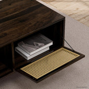 Solid Wood Cane Door Coffee Table with Open Storage Shelf