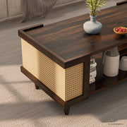 Solid Wood Cane Panel Coffee Table with Open Shelf Storage