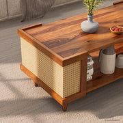Solid Wood Cane Panel Coffee Table with Open Shelf