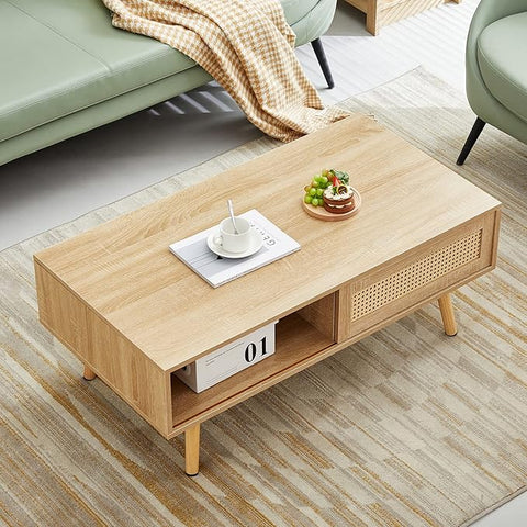 ONIJA Coffee Table With Storage, 41.3 Inch Rectangle Wooden Accent Center Sofa Table With Sliding Pe Rattan Woven Door Panel&Solid Wood Legs, Suitable For Living Room, Apartment