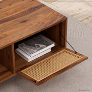 Solid Wood Cane Door Coffee Table with Open Shelf