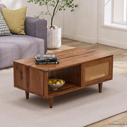 Solid Wood Cane Door Coffee Table with Open Shelf