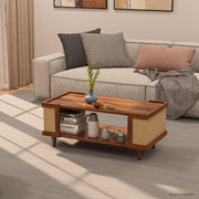 Solid Wood Cane Panel Coffee Table with Open Shelf