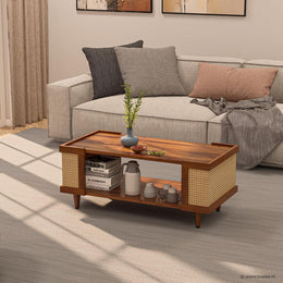 Solid Wood Cane Panel Coffee Table with Open Shelf