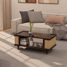 Solid Wood Cane Panel Coffee Table with Open Shelf Storage