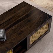 Solid Wood Cane Door Coffee Table with Open Storage Shelf