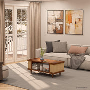 Solid Wood Cane Panel Coffee Table with Open Shelf