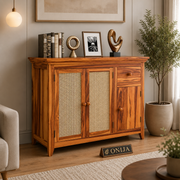 ONIJA Solid Sheesham Wood Sideboard Cabinet with Rattan Cane Doors