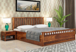 Orvith Sheesham Wood Queen Size Bed With Storage (Honey Finish)