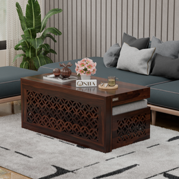 Onija Sheesham Wood Center Table With Stools (Walnut Finish)