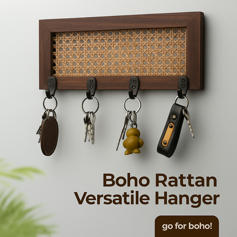 ONIJA Homes Wall Mounted Key Holder with Rattan Cane Design I Premium Teak Wood & Indonesian Natural Cane Webbing I Boho Style with 4 Metal Hooks I Size 12 in x 5 in | walnut finish