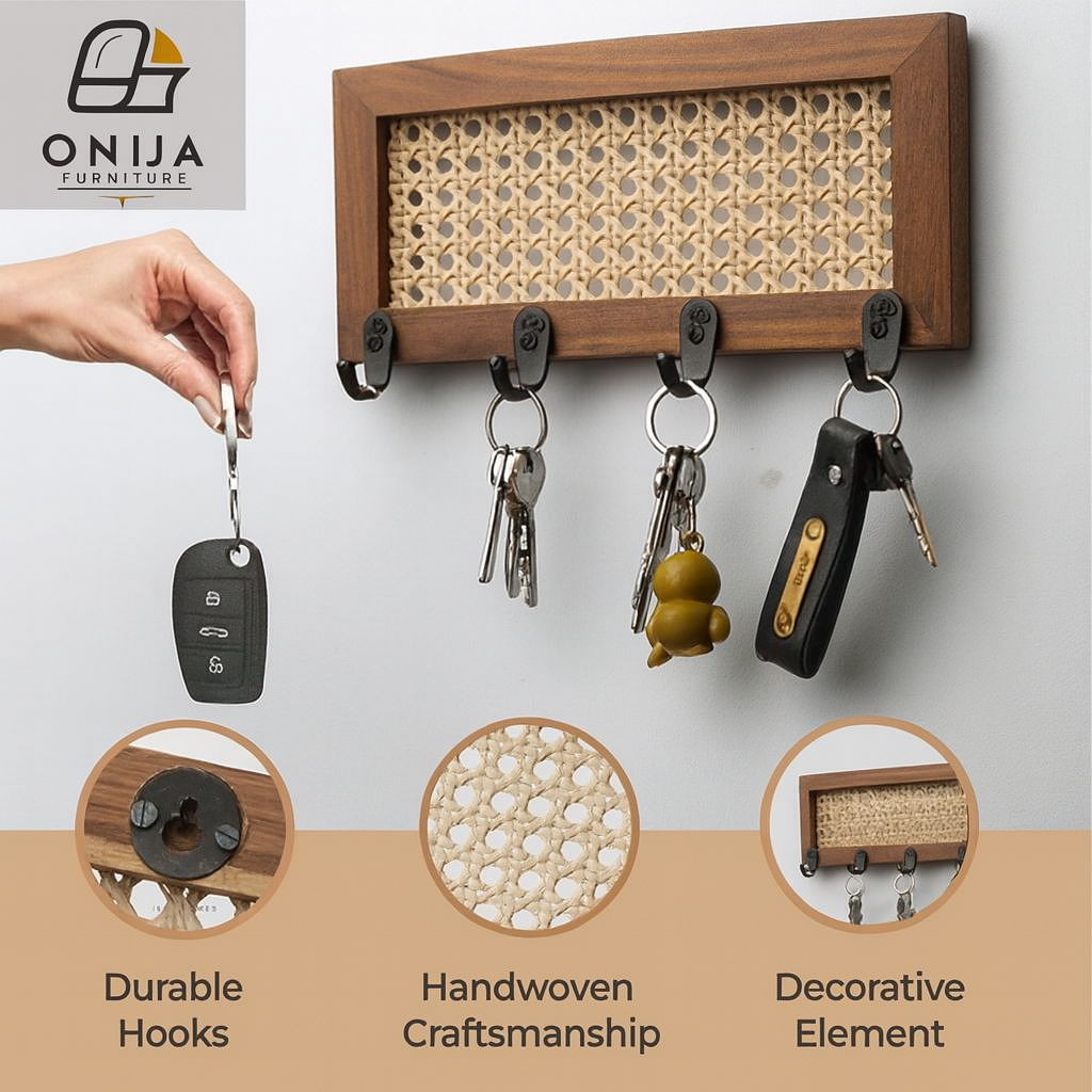 ONIJA Homes Wall Mounted Key Holder with Rattan Cane Design I Premium Teak Wood & Indonesian Natural Cane Webbing I Boho Style with 4 Metal Hooks I Size 12 in x 5 in | walnut finish
