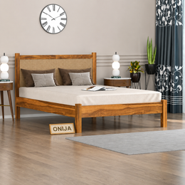 Onija Solid Wood Bed with Rattan Headboard for Modern Bedrooms