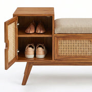 Mid-Century Modern Entryway Bench with Storage – Natural Rattan Shoe Bench with Padded Seat Cushion
