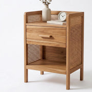 Onija Wooden Bedside Table with Rattan Panels & Storage Drawer