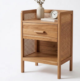 Onija Wooden Bedside Table with Rattan Panels & Storage Drawer