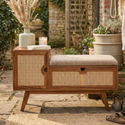 Mid-Century Modern Entryway Bench with Storage – Natural Rattan Shoe Bench with Padded Seat Cushion