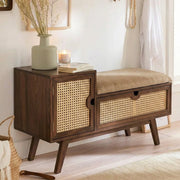 Mid-Century Modern Entryway Bench with Storage – Natural Rattan Shoe Bench with Padded Seat Cushion