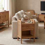 Onija Wooden Bedside Table with Rattan Panels & Storage Drawer