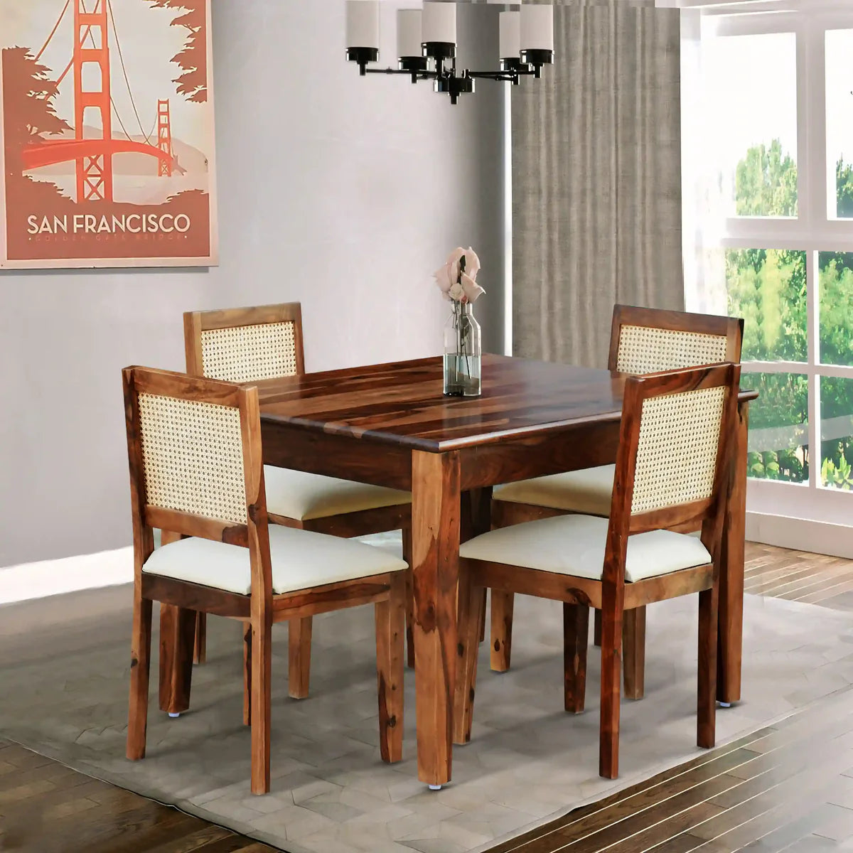 ONIJA Solid Wood Cane 4 Seater Dining Table Set