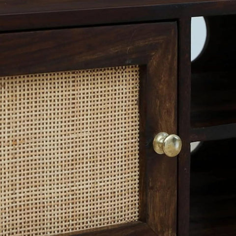ONIJA Perk Rattan Solid Wood Tv Unit/Cabinet for LED LCD | Cane Design TV Stand for Living Room and Bedroom | Pure Sheesham Wood, Dark Walnut Finish|