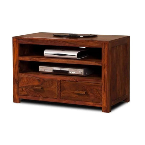 ONIJA Sheesham Wood TV Cabinet/TV Unit/Entertainment Center Table with Two Drawer Open Shelves in Natural Finish