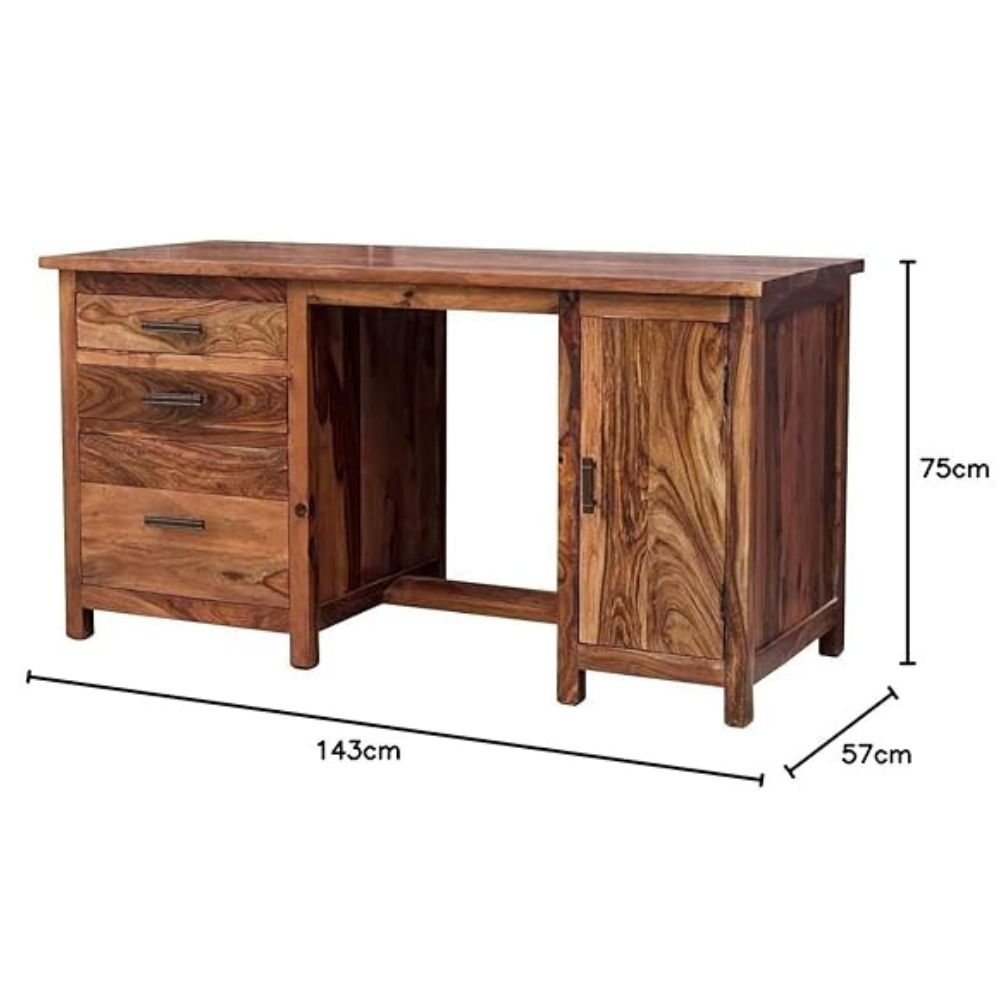 ONIJA Sheesham Wood Writing Study Table with 3 Drawers & Cabinet Storage for Home and Office |Study Desk | Office Work Station Table | Natural Brown Finish