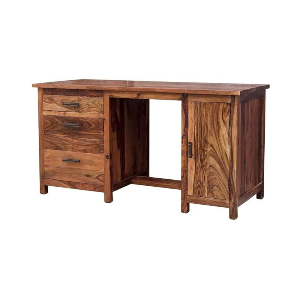 ONIJA Sheesham Wood Writing Study Table with 3 Drawers & Cabinet Storage for Home and Office |Study Desk | Office Work Station Table | Natural Brown Finish