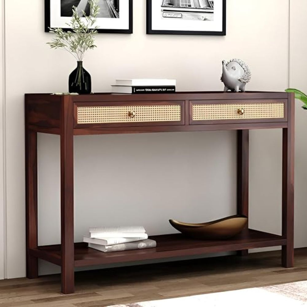 ONIJA Sheesham Wood Ratton Console Table with 2 Drawer and Bottom Shelf Storage Wooden Hallway Furniture for Living Room and Home - WALNUT FINISH